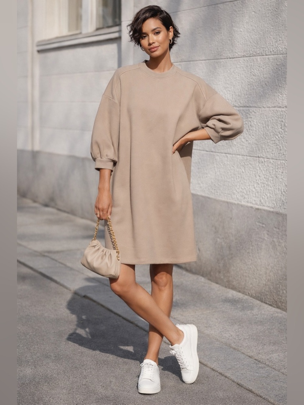 Everlane Organic Cotton Track Dress Tan Mini Dress Oversized Sweatshirt Neutral - Picture 14 of 14